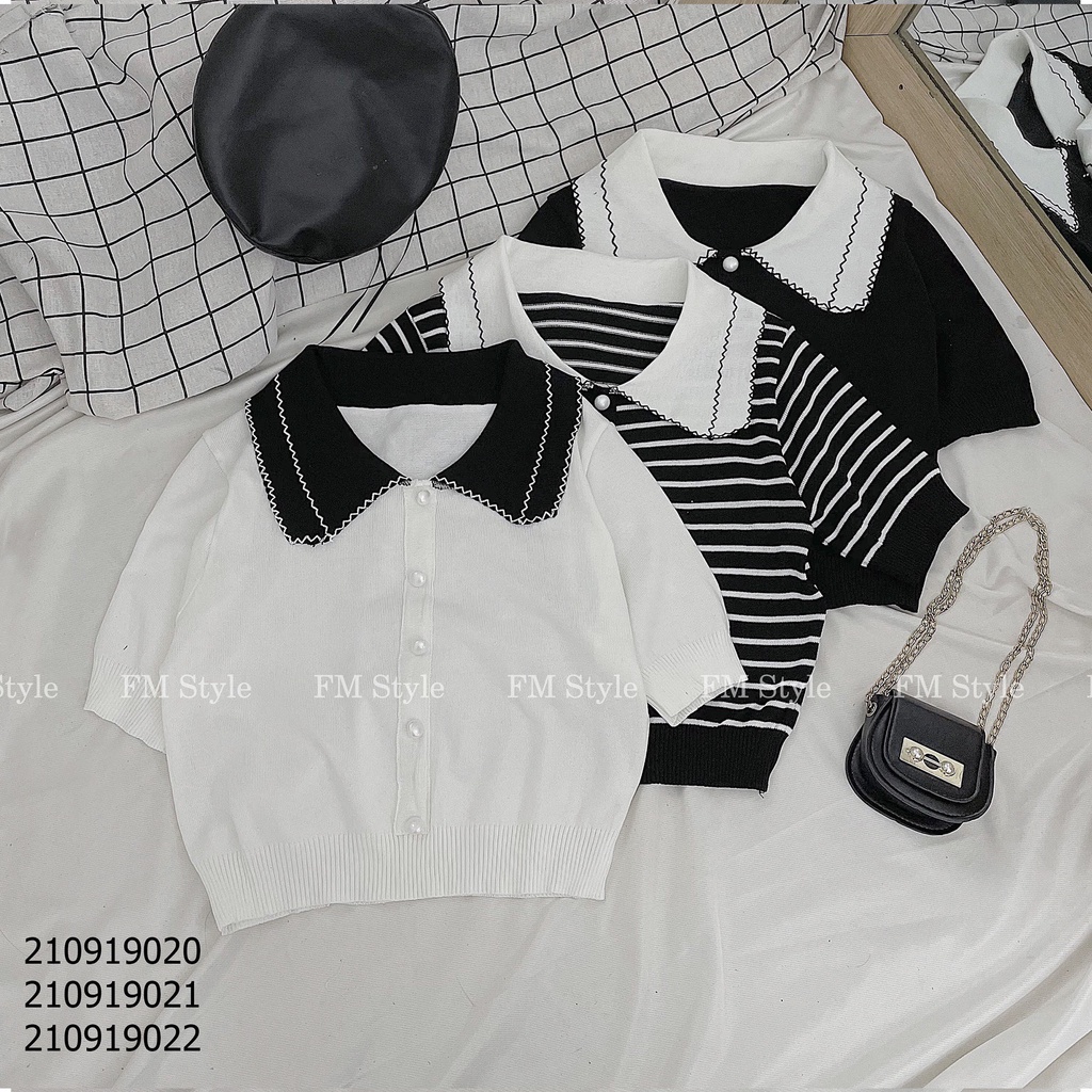 Áo kiểu nữ FM Style polo chất len tăm tay ngắn hoạ tiết sọc thời trang thanh lịch hàn quốc 211002001