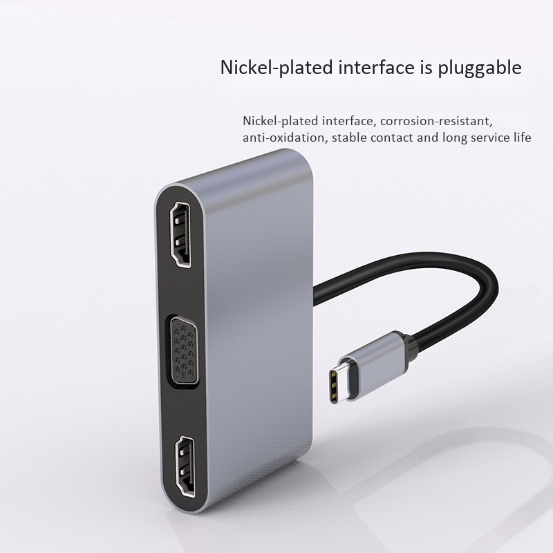 5 in 1 USB-C Hub Type-C to HDMI Convertor Type-C to VGA USB Adapter with 2 HDMI for Samsung Huawei Xiaomi Gray