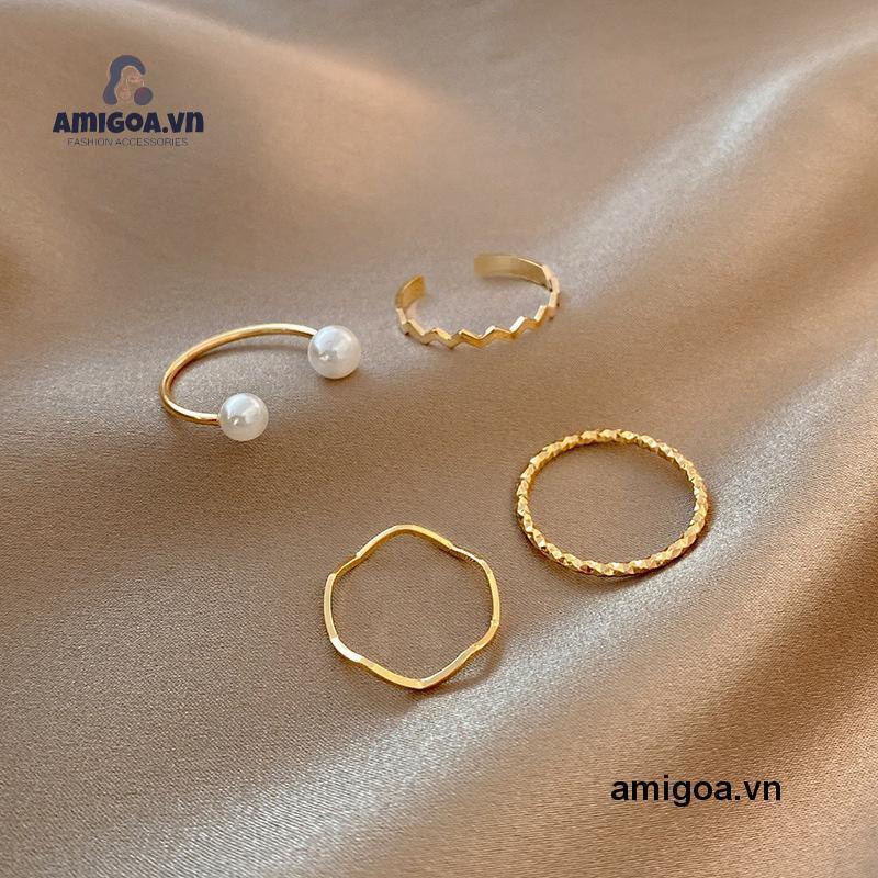 ✨✨Bộ 4 nhẫn đeo tay đính hạt ngọc trai kiểu dáng đơn giản phong cách Hàn Quốc