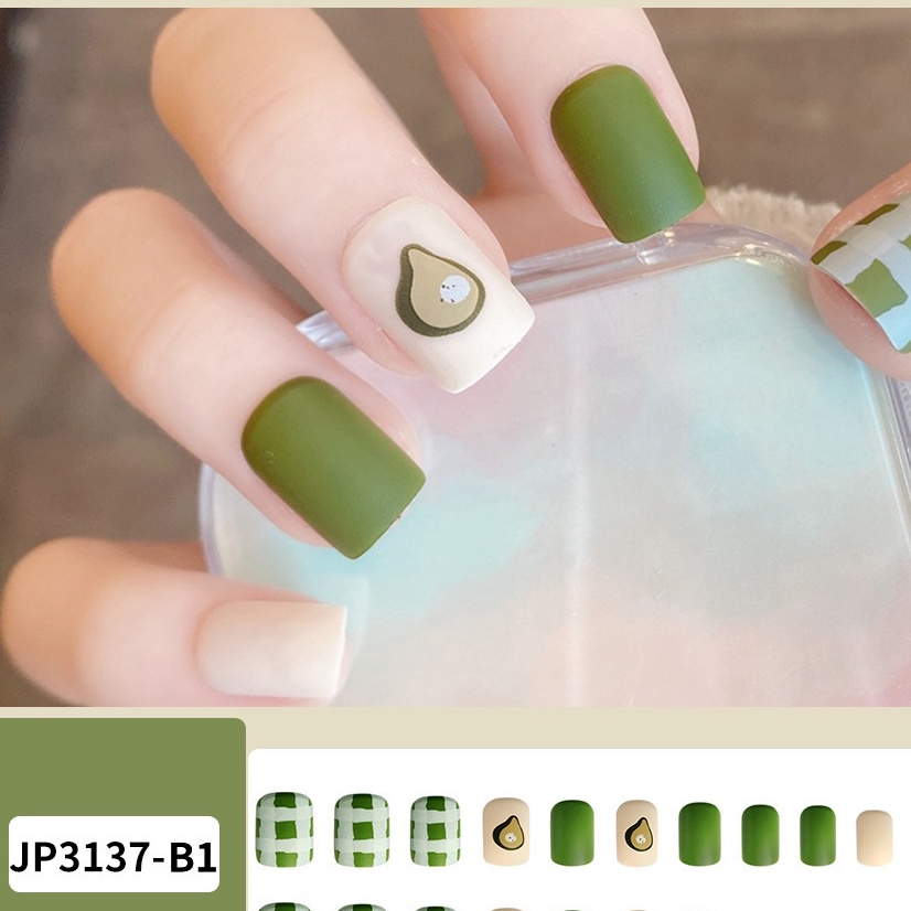 Móng tay giả thiết kế quả bơ giá rẻ đẹp màu xanh có hộp Nail box đẹp MINIGIRL MG06