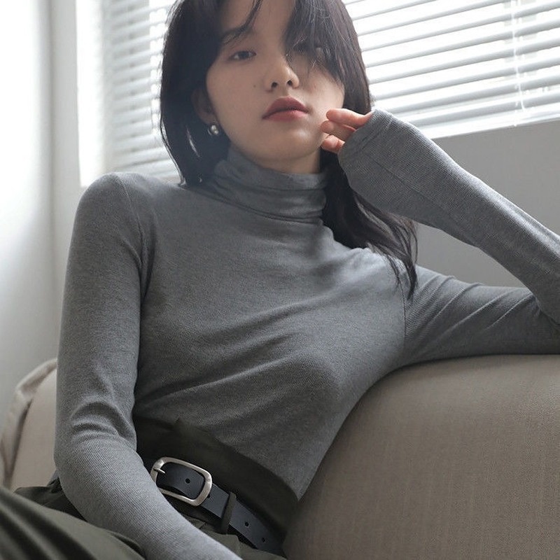 Áo Thun Tay Dài Dáng Ôm Cổ Lọ Màu Trơn Dễ Phối Đồ Thời Trang Cho Nữ