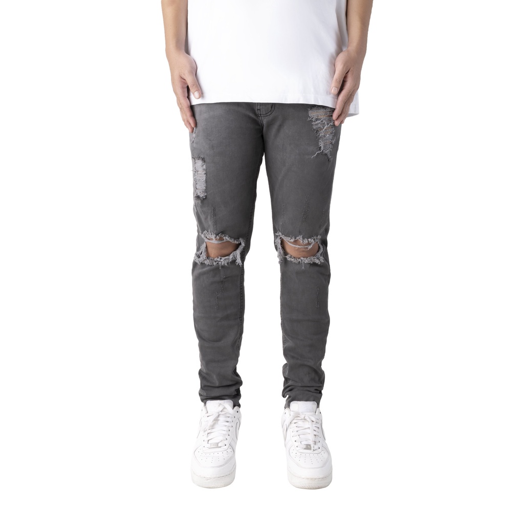 Quần jean nam streetwear cao cấp FNOS NZ24 màu xám rách gối form slimfit jean thun co giãn ❕