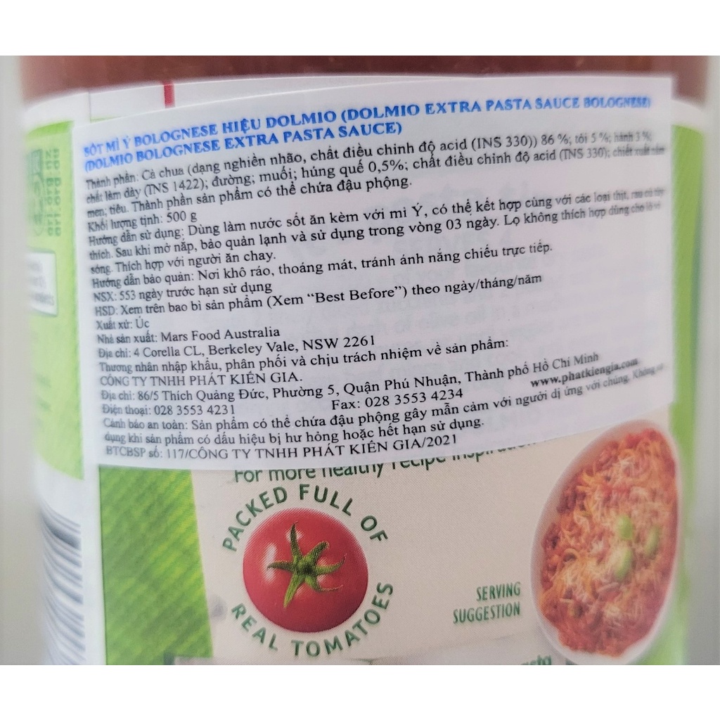 [Lọ 500g – BOLOGNESE ] XỐT MÌ Ý CÀ CHUA [Australia] DOLMIO Bolognese Extra Pasta Sauce (pkg)