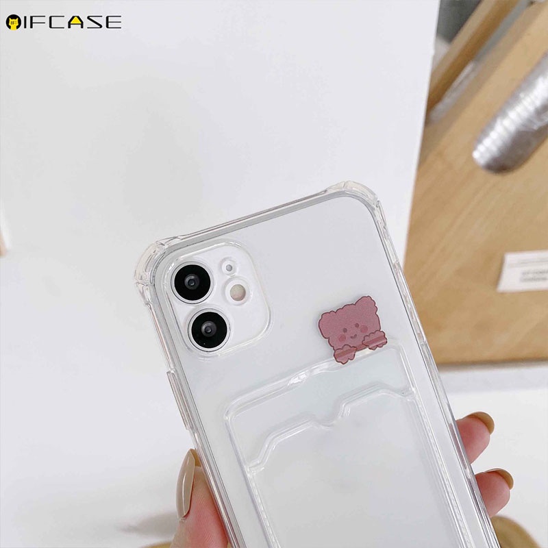 Ốp điện thoại trong suốt in họa tiết gấu / thỏ có ngăn thẻ thích hợp cho iPhone 13 12 11 PM XS Max XR X 7 8 +