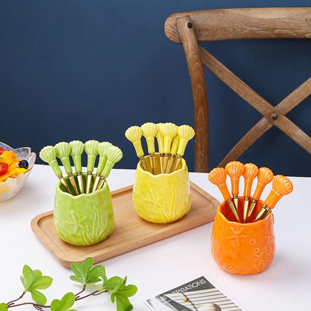 YIYU Nĩa Ăn Trái Cây Mini Bằng Thép Không Gỉ Có Tay Cầm Bằng Sứ Dễ Thương