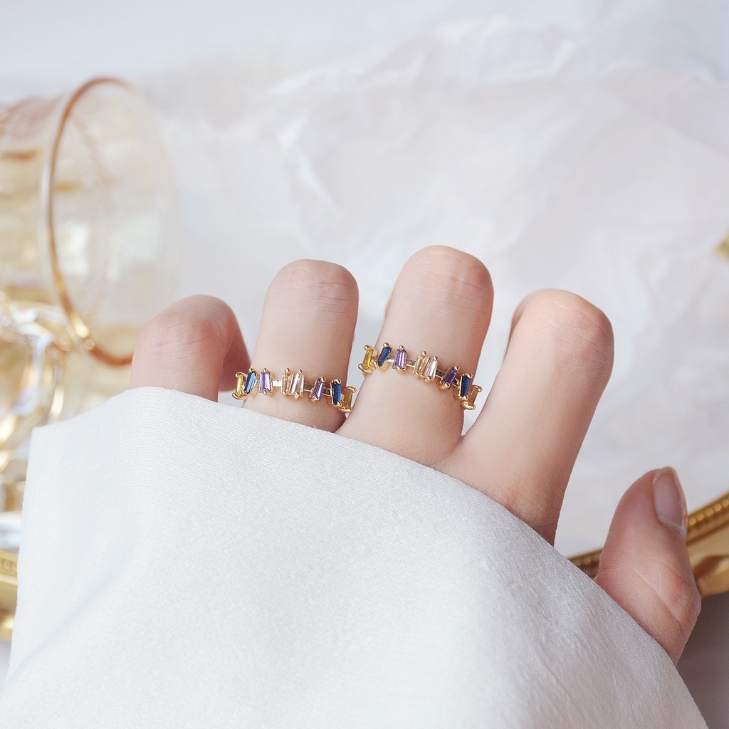 Nhẫn hở đính đá zircon màu xanh lá lấp lánh đơn giản phong cách Hàn Quốc cho nữ