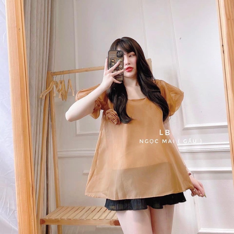 Áo tơ tay bồng hoa ngực cổ vuông hàng tiểu thư cao cấp