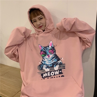 Áo hoodie dáng rộng họa tiết con mèo dễ thương