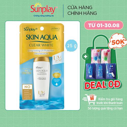 Kem chống nắng nắp vàng Sunplay Skin Aqua Clear White SPF 50+, PA++++ 25g và 55g dưỡng trắng dành cho dầu