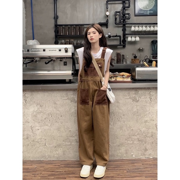 Quần yếm kaki dáng dài màu nâu vintage Hàn quốc