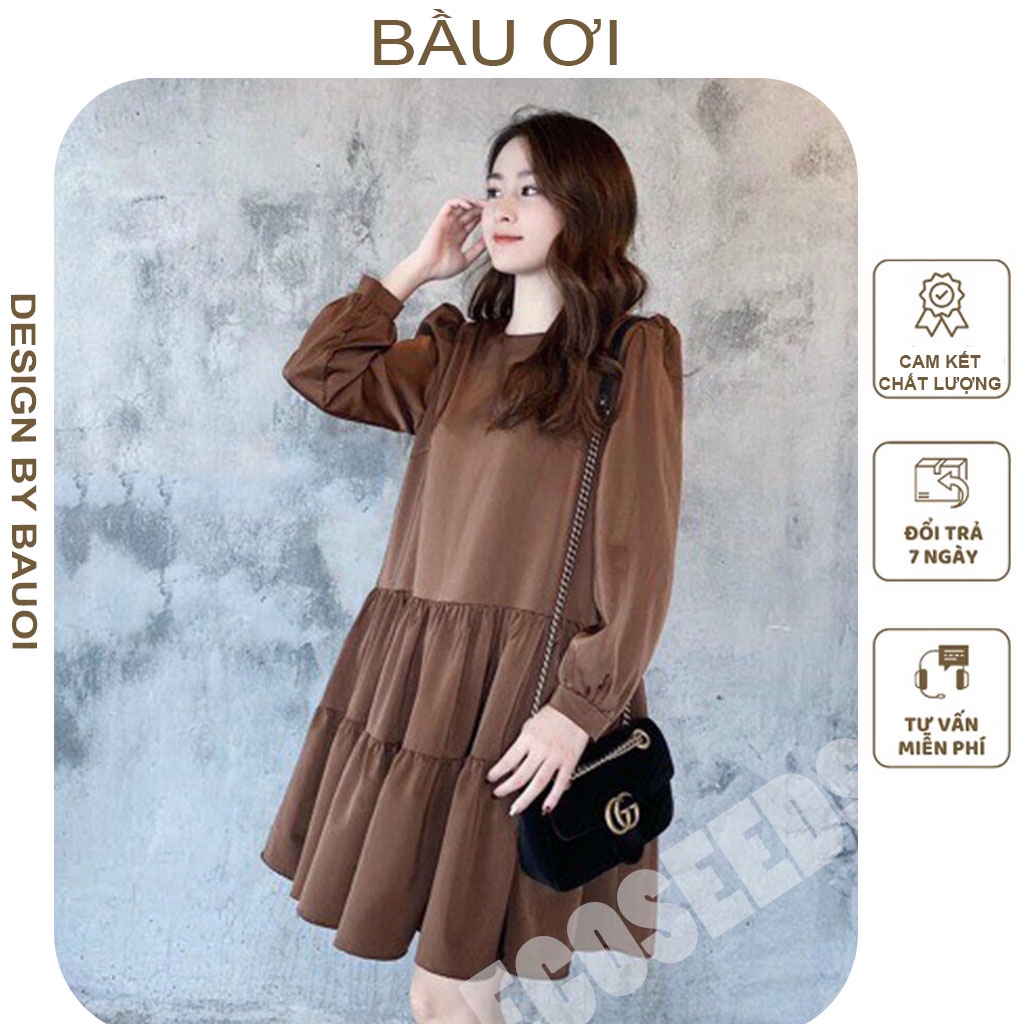 [BAUOII V92] ĐẦM BẦU DÀI TAY MÙA THU DÁNG SUÔNG XÒE 2 TẦNG - VÁY BẦU CÔNG SỞ BABYDOLL FREE SIZE MẶC ĐI LÀM ĐI TIỆC ĐẸP
