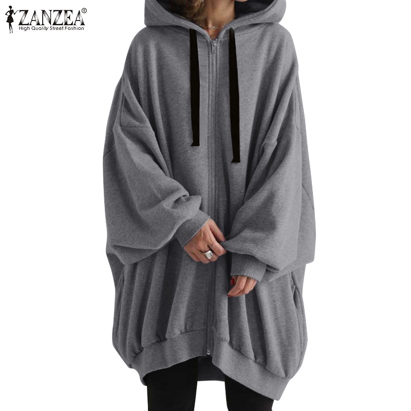 Áo khoác hoodie ZANZEA dáng rộng tay dài phối túi bên và khóa kéo trước phong cách đơn giản thời trang cho nữ