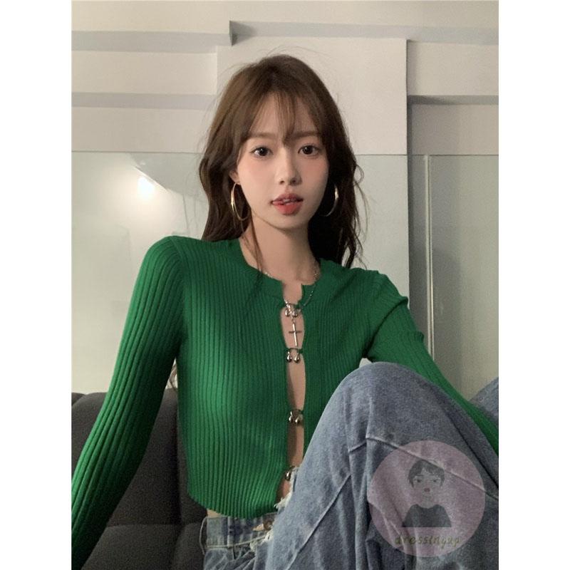 Áo Dệt Kim Dài Tay Cổ Chữ U Màu Sắc Đơn Giản Cho Nữ