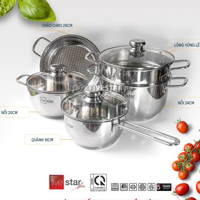 BỘ NỒI 5 MÓN INOX 3 ĐÁY FIVESTAR bảo hành 5 năm