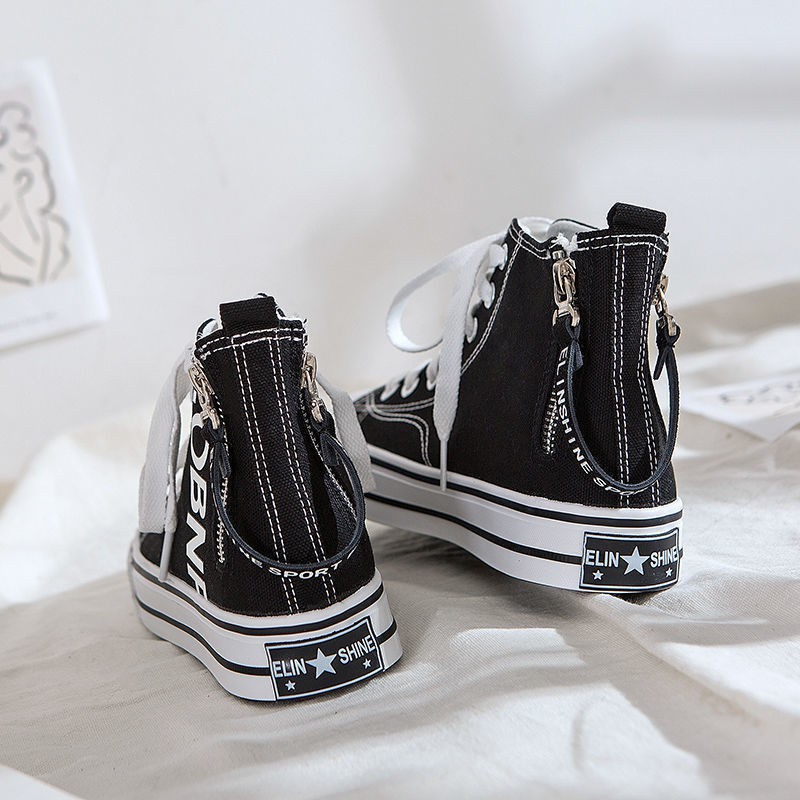 Giày Vải Canvas Cổ Cao Phối Khóa Dây Kéo Bên Hông Phong Cách Harajuku Hàn Quốc Mới Cho Nữ
