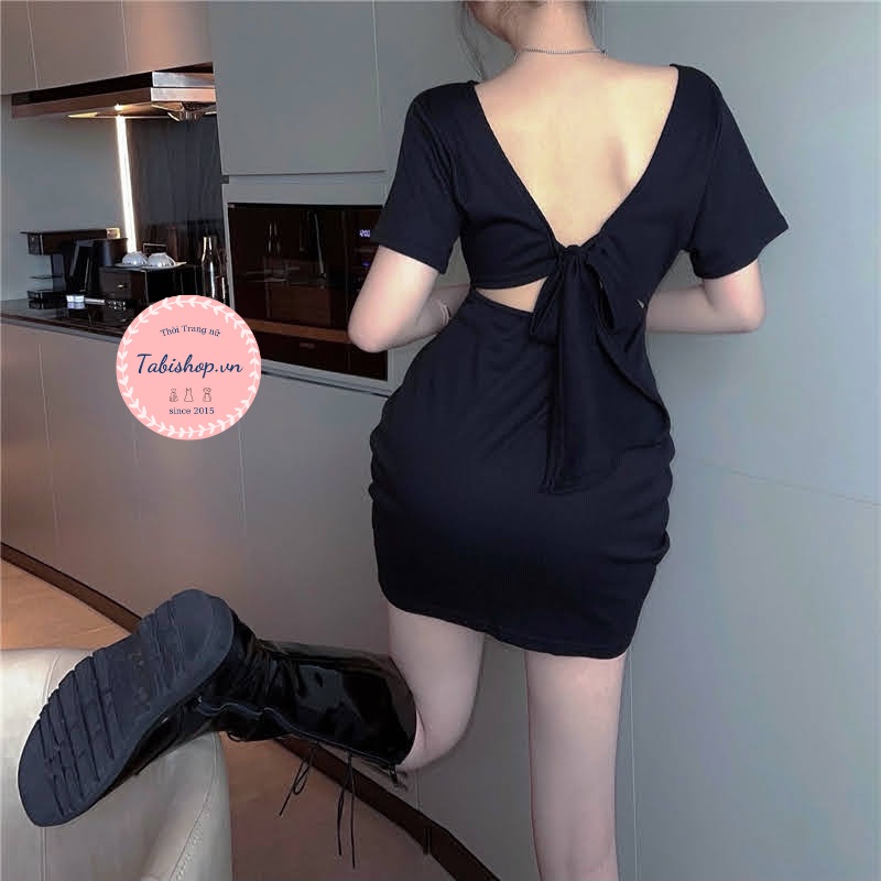 Đầm body hở lưng cột nơ đen tay ngắn Tabishop Váy dự tiệc ôm sexy cho nữ sang chảnh | BigBuy360 - bigbuy360.vn