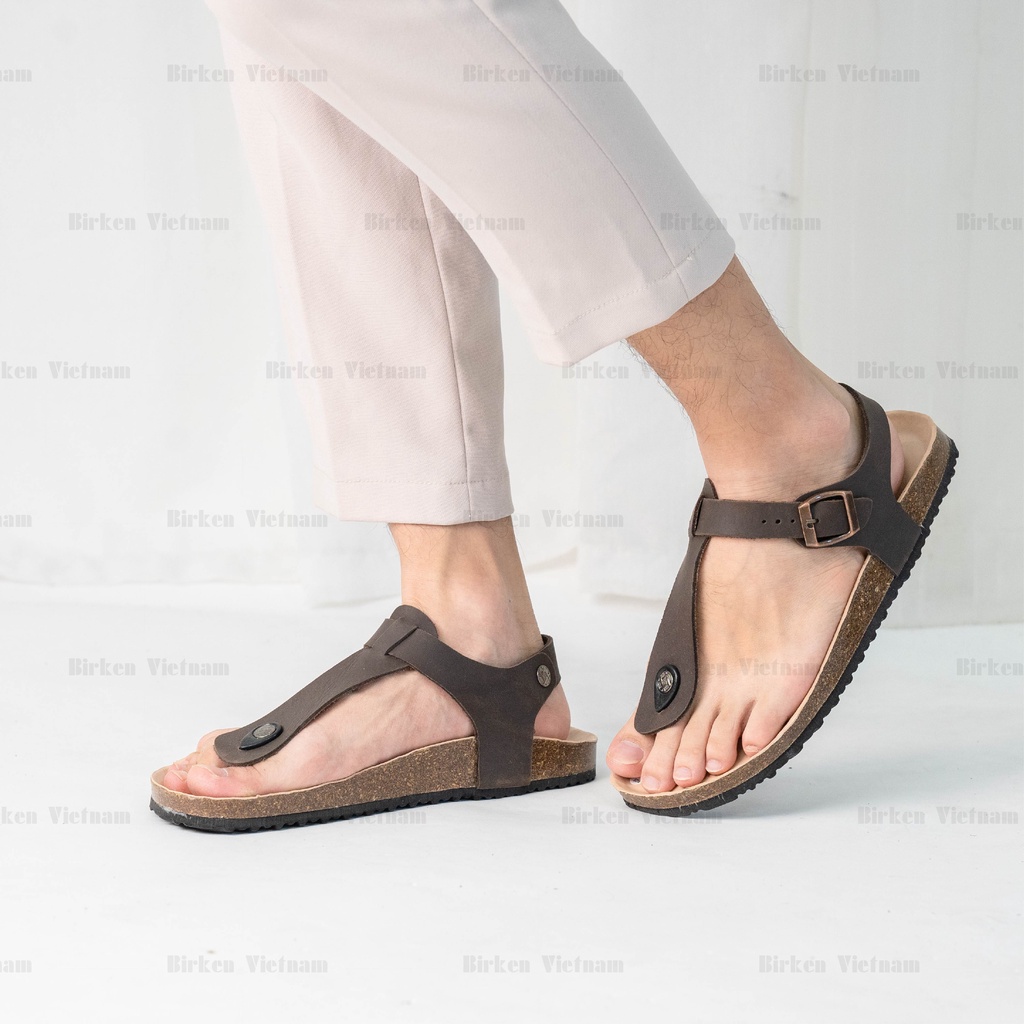 MÃ DK10 Sandal DA BÒ Đế Trấu Lót PU Chống Nước Quai Tách Ngón Unisex Birken Vietnam Bioline