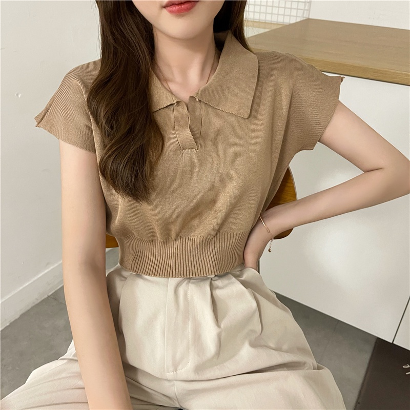 LEEVA - Áo croptop cổ polo len dệt mềm màu pastel đơn giản A232