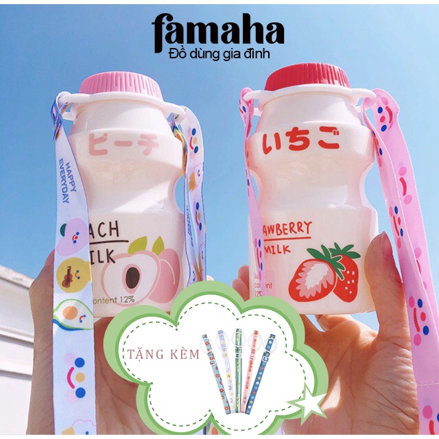 Bình nước nhựa sữa chua yakult dung tích 480ml hình hoa quả, bình nước sữa chua tiện dụng FAMAHA