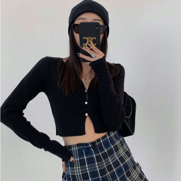 Áo Croptop Dệt Kim Tay Dài Màu Trơn Cài Nút 4 Màu Thời Trang Hàn Quốc Gợi Cảm Cho Nữ