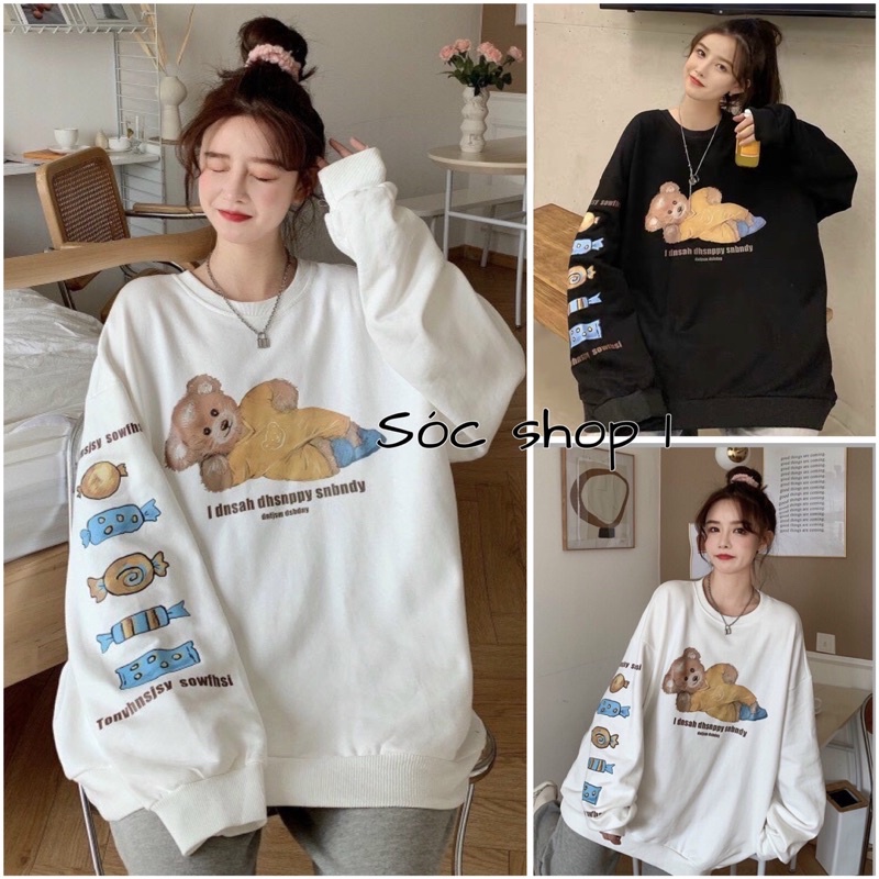 Áo Sweater Gấu Nằm Cute Form Rộng, Áo Nỉ Nữ Form Thụng Đáng Yêu