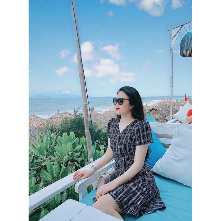 Đầm váy kẻ - váy trơn đuôi cá xếp li eo che khuyết điểm bụng phối cúc gỗ lệch tay bồng nhẹ trẻ trung TV05-HTDesign | BigBuy360 - bigbuy360.vn