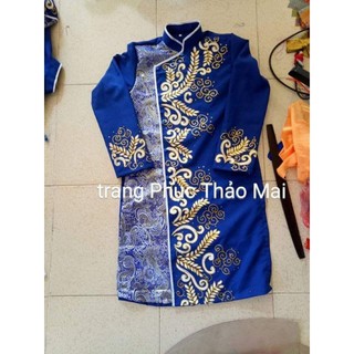 Áo dài vẽ tay cách tân nam lá lúa pha gấm ảnh thật