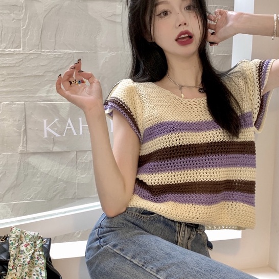 Áo Thun Dệt Kim Mỏng Tay Ngắn Họa Tiết Kẻ Sọc Thời Trang Mùa Hè Dành Cho Nữ