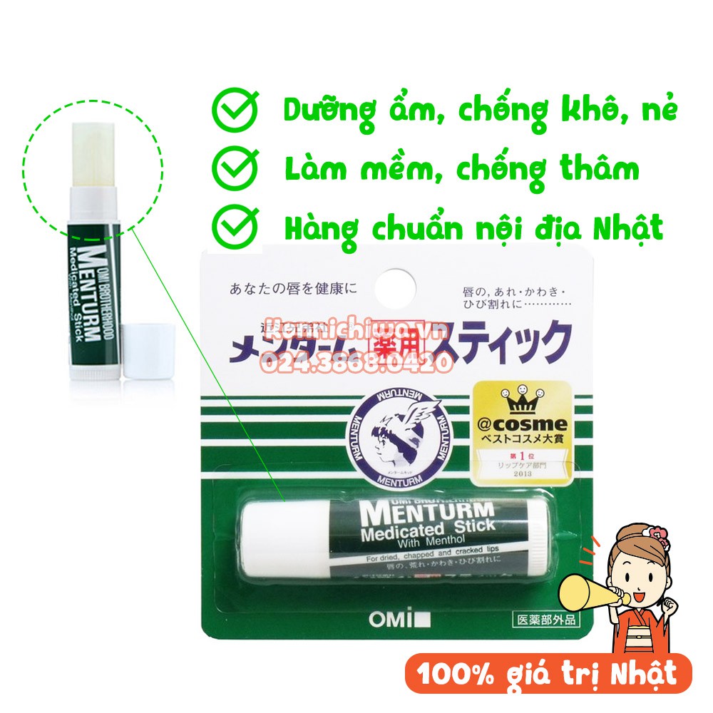 [XÁCH TAY NHẬT] Son Dưỡng Chống Thâm Môi Menturm Omi Medicated Stick (BrotherHood) Không Màu, Vị Bạc Hà Tươi Mát