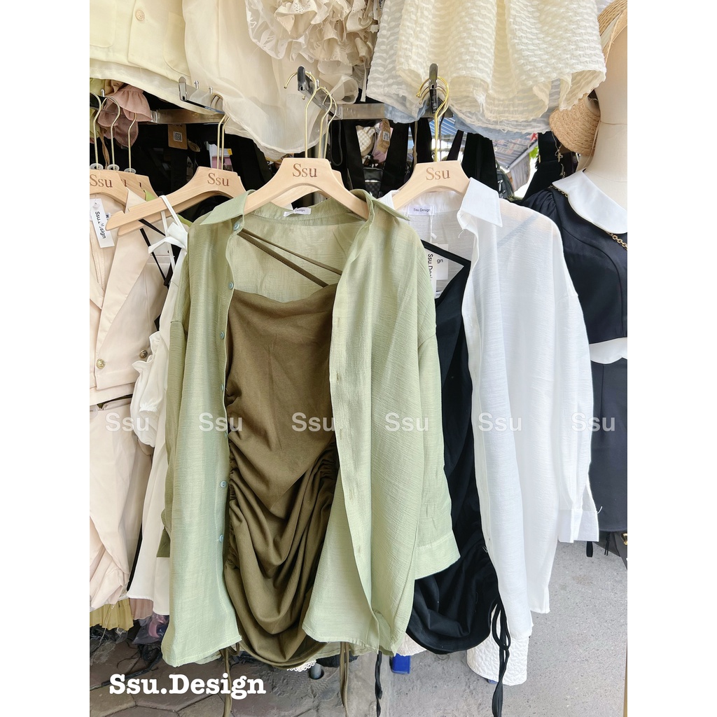 Set váy dây rút body kèm áo sơ mi hottrend cổ điển