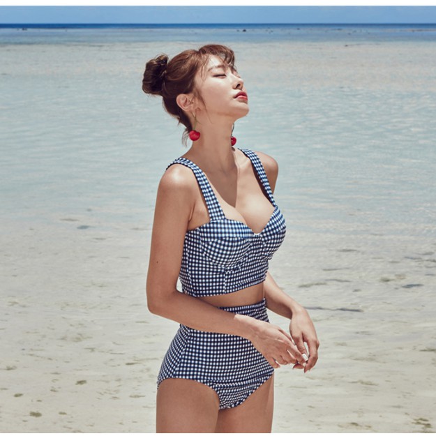 CÓ SẴN Bộ đồ bơi nữ bikini kẻ caro xanh eo cao kín đáo | BigBuy360 - bigbuy360.vn