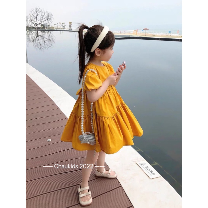 Váy thô tay bồng vàng-xanh bé gái