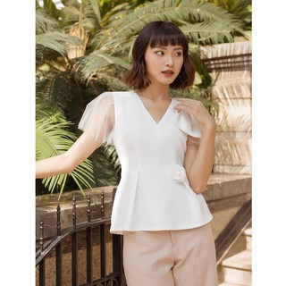 ÁO CỔ V PHỐI NƠ TAY SHEER - A1091