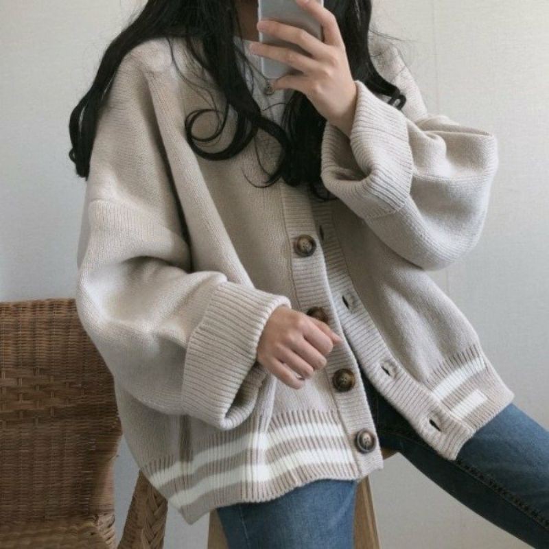 Hàng Sẵn_ Áo khoác len Cardigan nữ thu đông áo len dệt kim phong cách retro Hàn Quốc