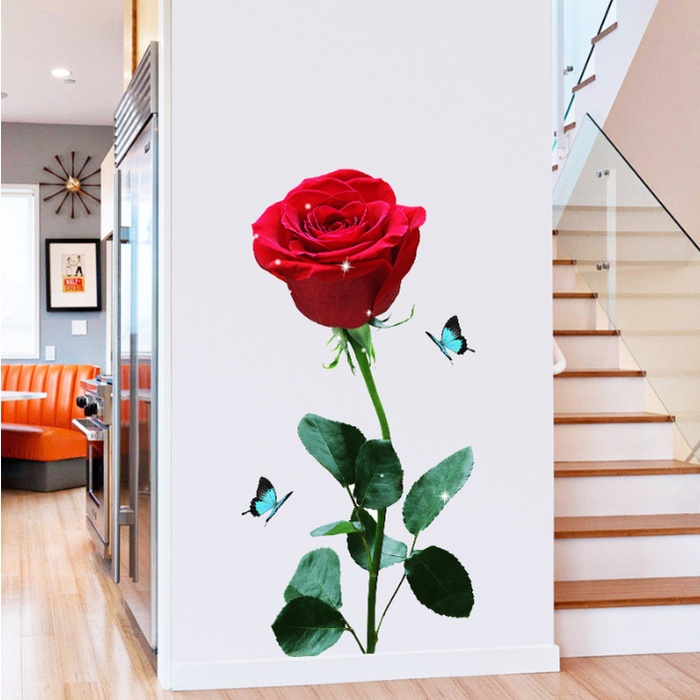 Decal giấy dán tường - mẫu Hoa Hông gai sắc đỏ rực rỡ