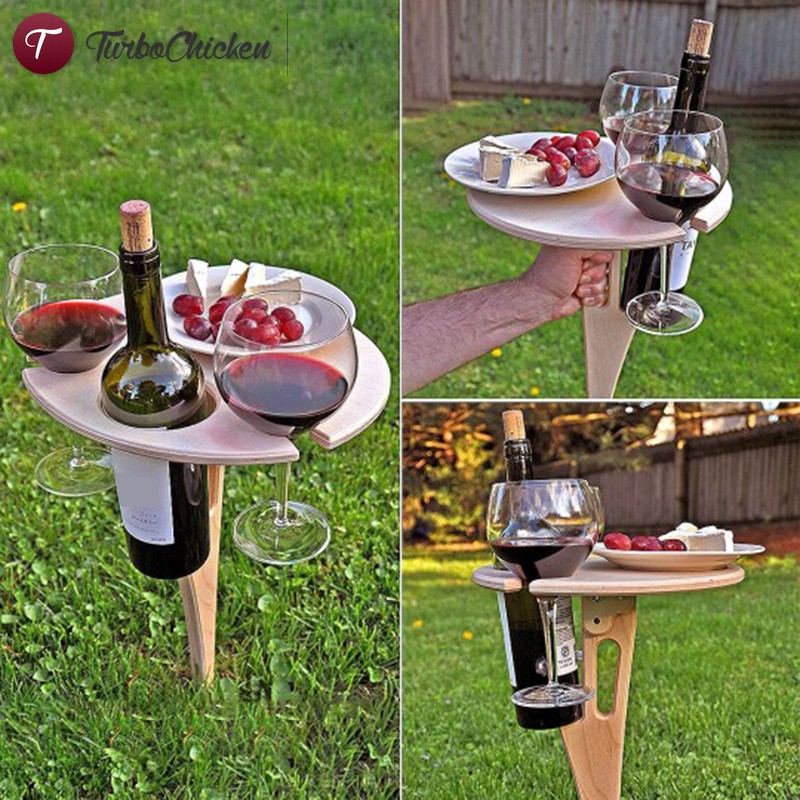 #New# Outdoor Portable Wine Table with Foldable Round Desktop Mini Wooden Picnic Table Easy to Carry