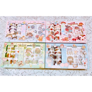 Combo 10 băng keo trang trí washi tape kèm 10 sticker đồng bộ
