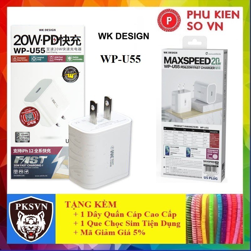 Củ Sạc Nhanh Iphone WK WP-U55💝CAO CẤP💝Cốc Sạc Nhanh Đầu ra Type-C PD 20W Cho iPhone 12 - Hàng Chính Hãng