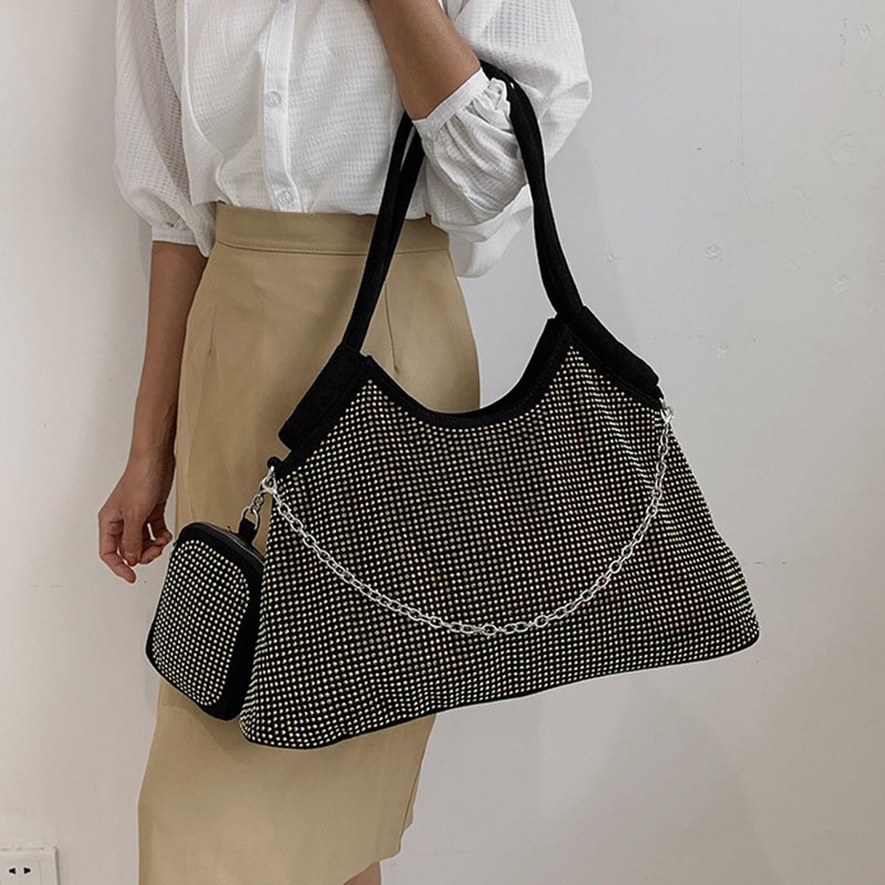 Ielgy Net Túi Xách Đeo Vai Sức Chứa Lớn Đính Kim Cương Toàn Diện Dễ Phối Đồ Cho Nữ