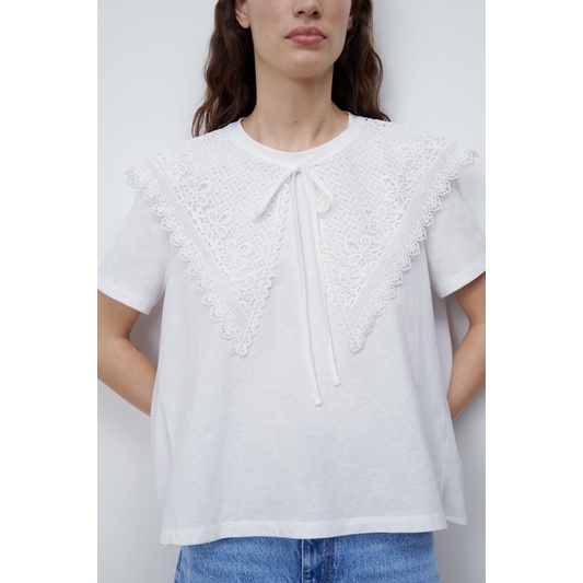 Áo cổ ren trắng phối sơ mi Zara size S newtag chính hãng form rộng
