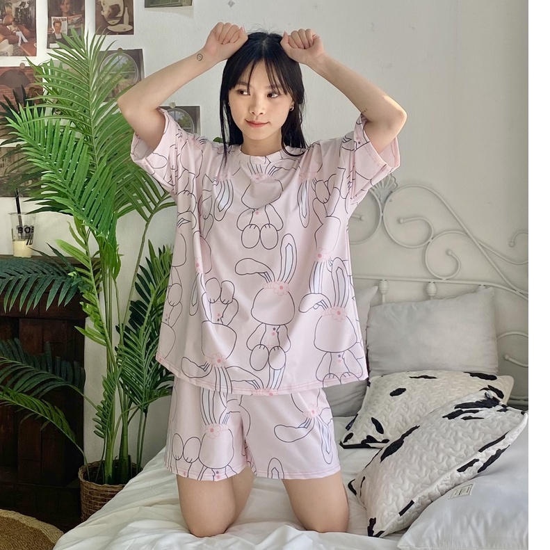 Pijama bộ đồ ngủ, bộ đồ nữ mặc nhà chất liệu cotton cộc tay áo phông, quần đùi - Poohouse BN-CUTERABBIT