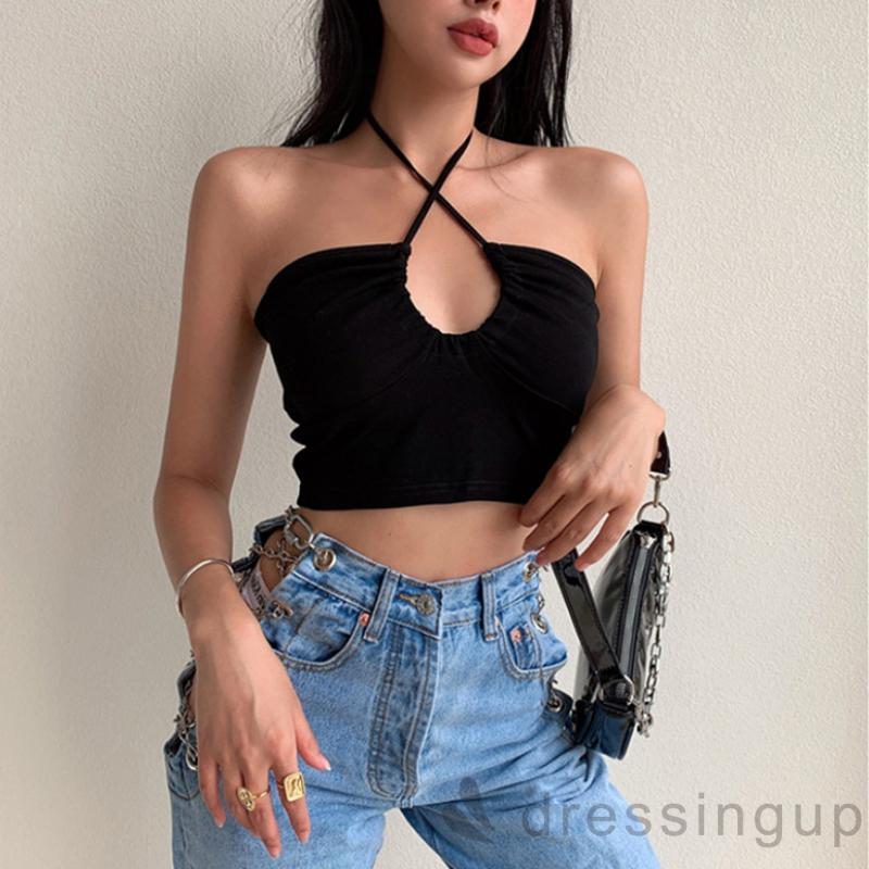 DRESSINGUP-Áo Yếm Màu Trơn Thiết Kế Cột Dây Cá Tính Thời Trang Cho Nữ