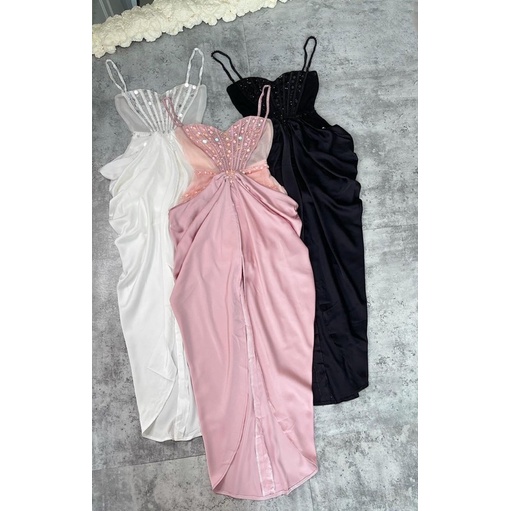 Đầm body lưới 2 dây phối phi thun lụa cao cấp sang trọng kết đá tráng gương tròn TRIPBLE T DRESS - size M/L - MS357V