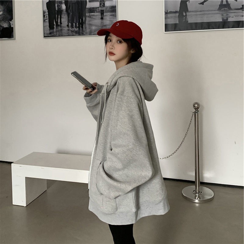 2021 new spring and autumn loose Korean version of cotton SIZE gray hooded sweater zipper jacket female ins tide top