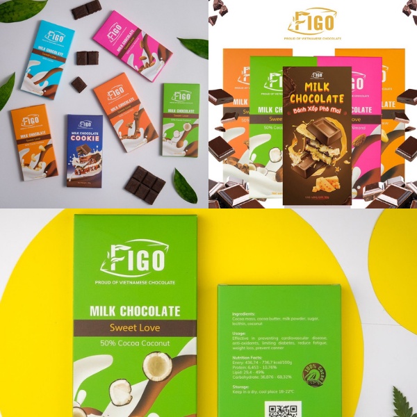 Mix 7 vị thanh 50gr socola sữa figo 50%cacao gồm không nhân,hạnh nhân,dừa,nho,cacao,cookie,hạt điều