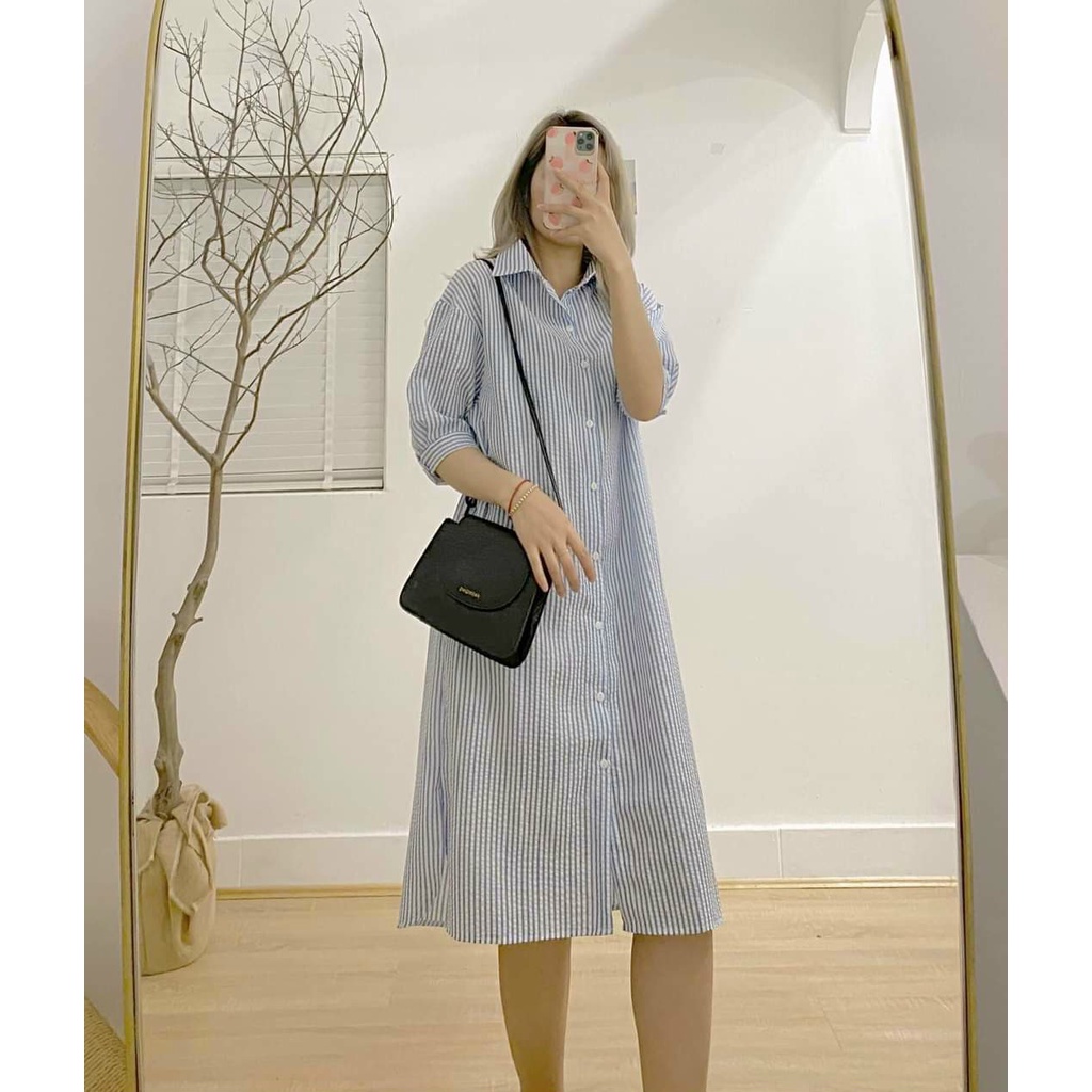 Váy bầu thời trang thiết kế sơ mi tay lỡ hàng cúc thật M328 chất đũi hàn freesize từ 45 đến 70kg