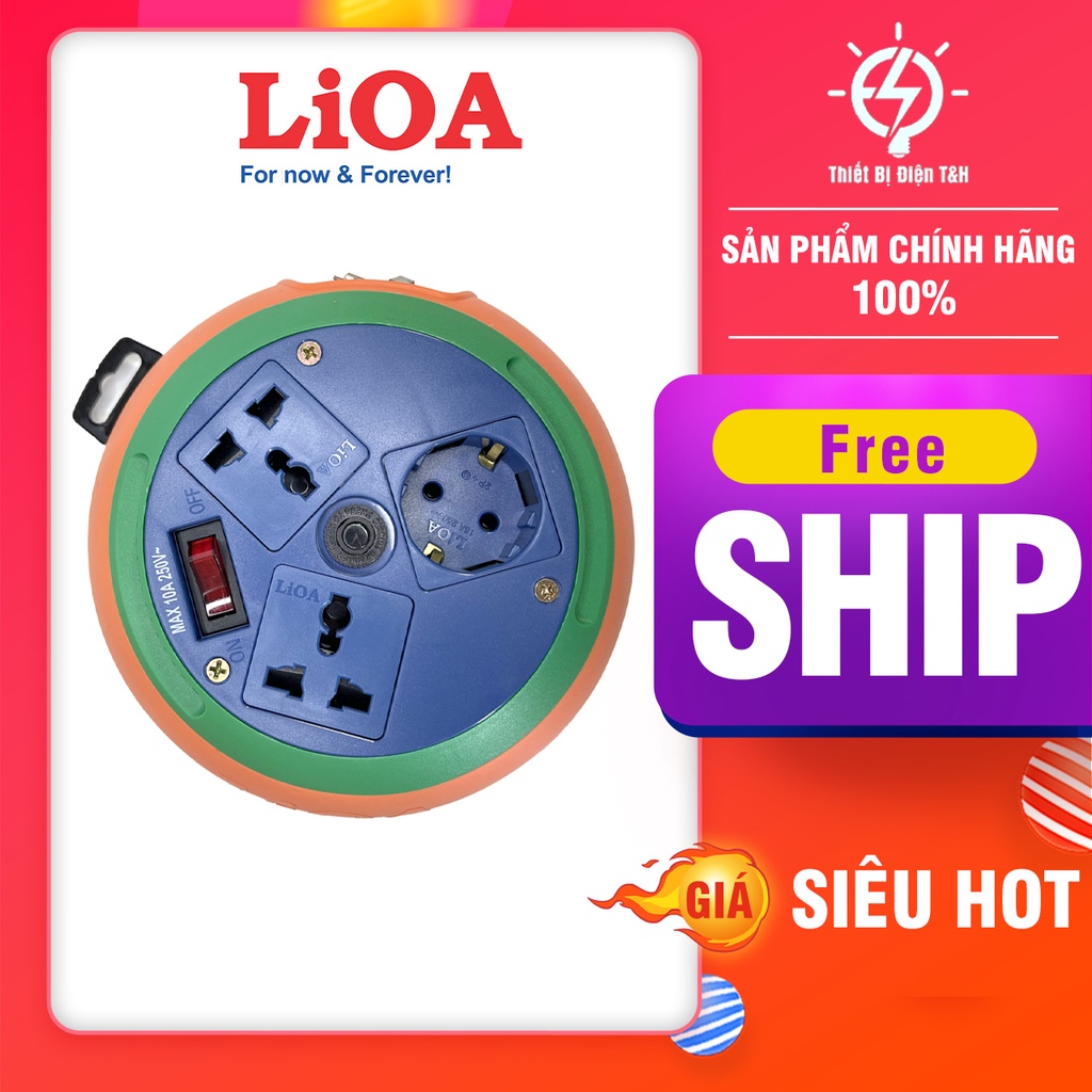 Ổ cắm điện tròn kéo dài đĩa bay LIOA, 3 ổ cắm, 1 công tắc, dây dài 5M, DB5-2-10A