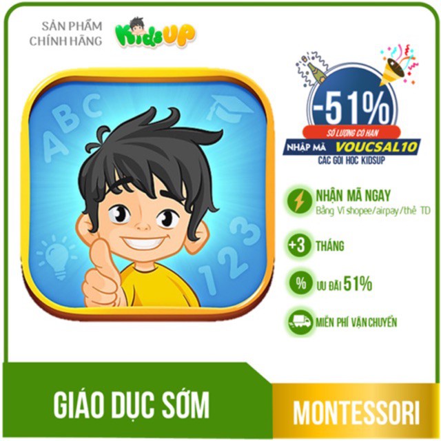 Toàn quốc [E-voucher] - KIDS UP MONTESSORI GIÁO DỤC SỚM  gói trọn đời mã học giảm 50%