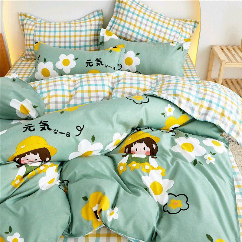 Bộ Chăn Ga Cotton Poly  - Mẫu cô gái xanh lá