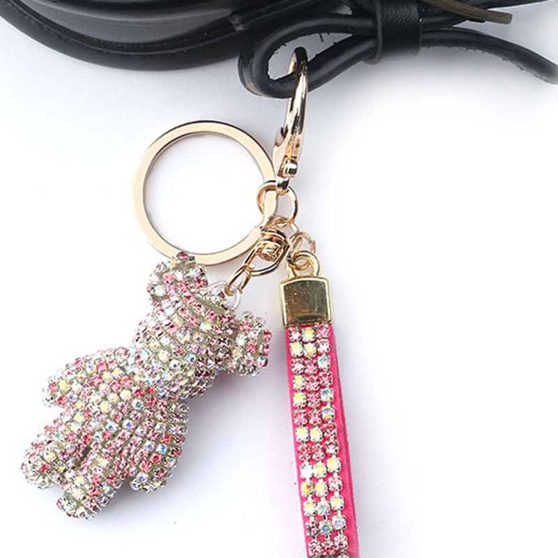 Diamond Bear Leather Strap Car Key Chain Bag Handbag Pendant,Pink